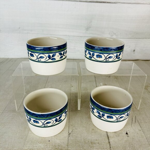 Pfaltzgraff ORLEANS Blue Green Vines Yellow Stoneware Flat 8oz Cups Mugs Set 4 - Picture 4 of 16